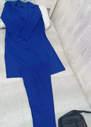 Kadın Mavi Kumaş Pantolon, Kemerli, Uzun - Görsel 3