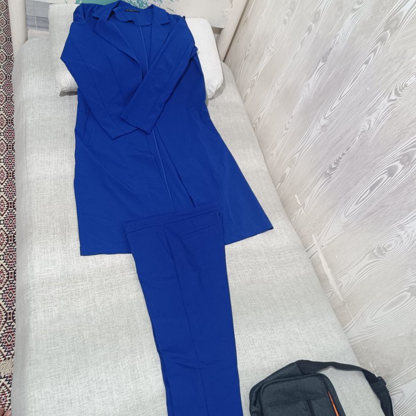 Kadın Mavi Kumaş Pantolon, Kemerli, Uzun - Görsel 3