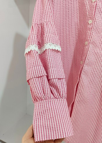 Pembe Çizgili Düğmeli Kadın Gömlek - Görsel 3
