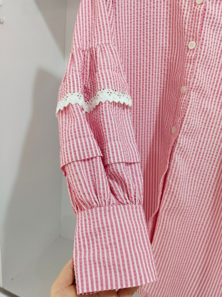 Pembe Çizgili Düğmeli Kadın Gömlek - Görsel 3