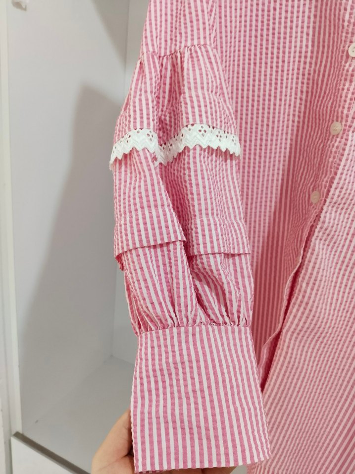 Pembe Çizgili Düğmeli Kadın Gömlek - Görsel 2