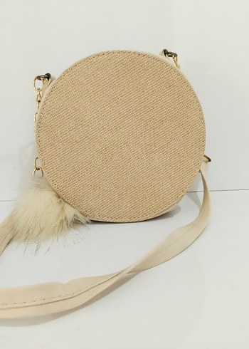 Bej Yuvarlak Kadın Çanta Tüy Detaylı - Görsel 2