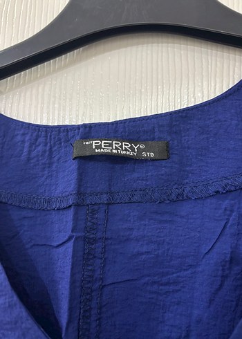 Lacivert V Yaka Bol Kesim Keten Kadın Gömlek - Görsel 2