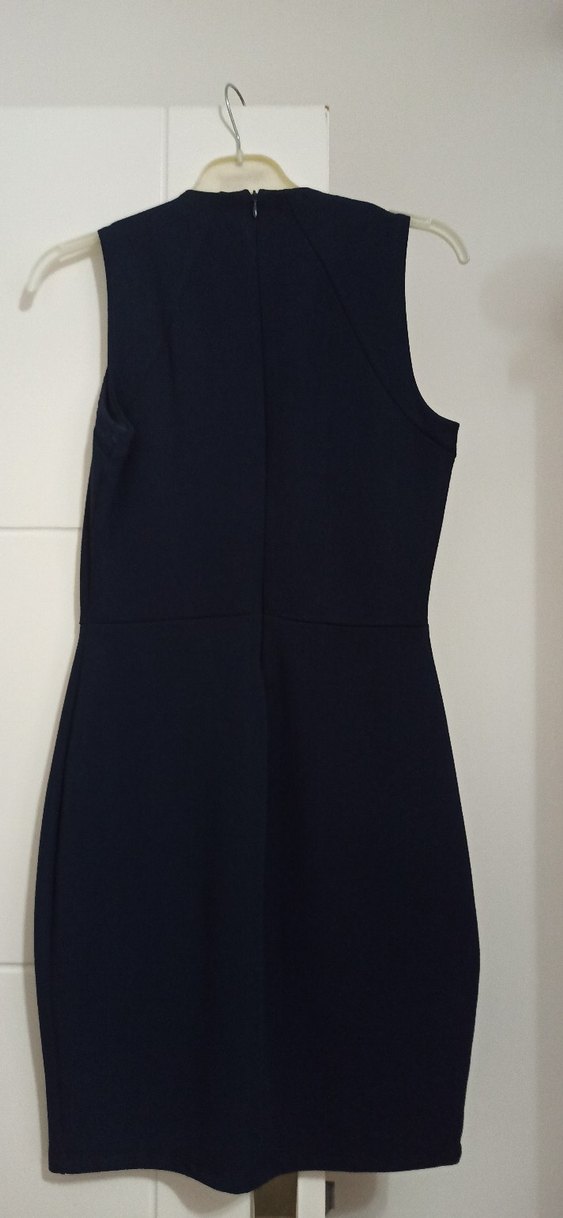 Lacivert Yüksek Yakalı Kolsuz Midi Elbise - Görsel 3