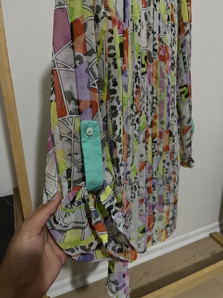 Düğmeli Çok Renkli Bağlama Desenli Kadın Gömlek - Görsel 3