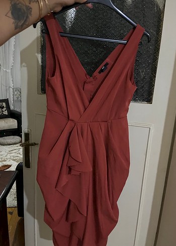 38 Beden bordo Renk Bordo Drapeli V Yaka Midi Elbise