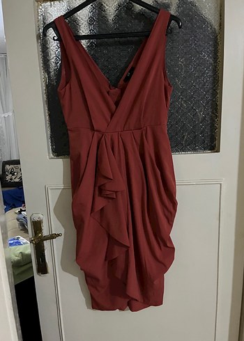 Bordo Drapeli V Yaka Midi Elbise