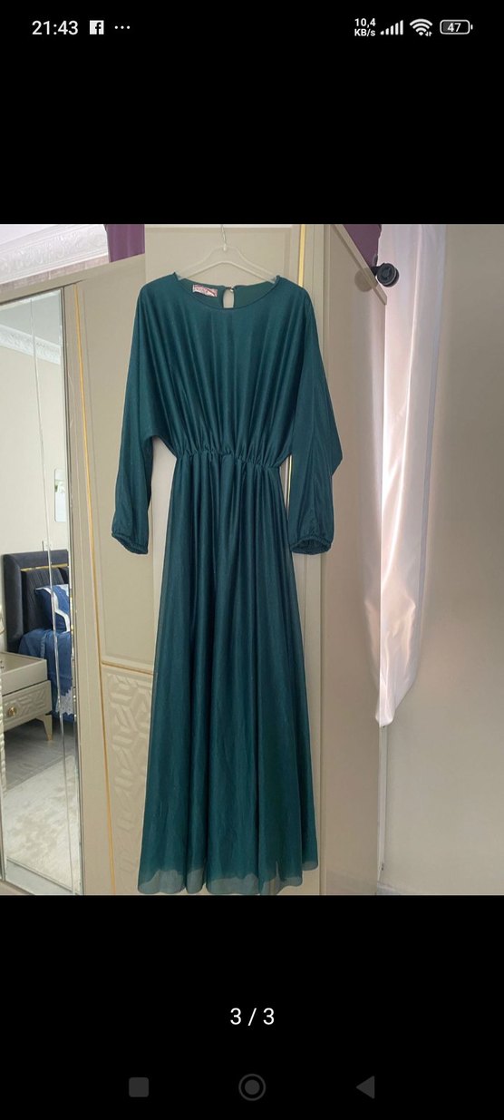 Uzun Kollu Yeşil Parlak Kadın Elbise - Görsel 3