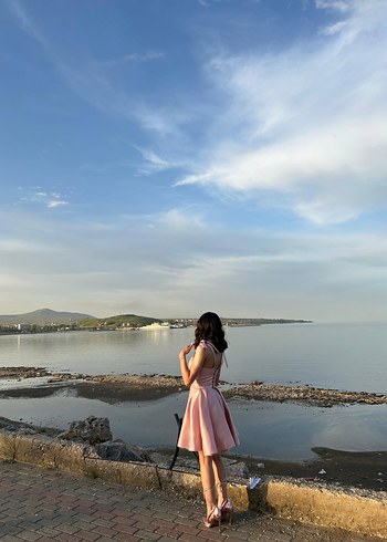 Pudra Pembe Straplez Mini Abiye Elbise - Görsel 5