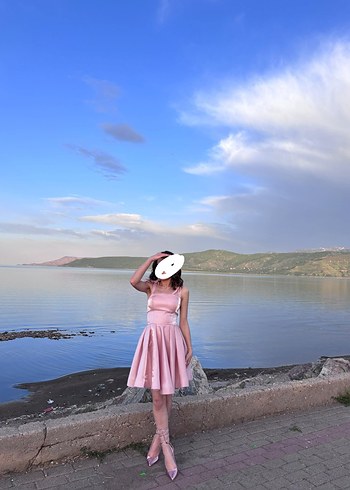 Pudra Pembe Straplez Mini Abiye Elbise - Görsel 2