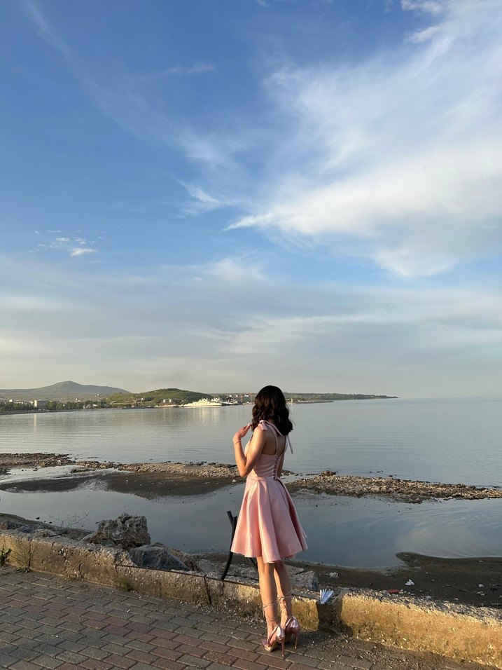 Pudra Pembe Straplez Mini Abiye Elbise - Görsel 5