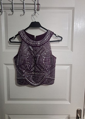 Abiye Mor İşlemeli Boncuklu Bohem Mini Crop Top ve etek