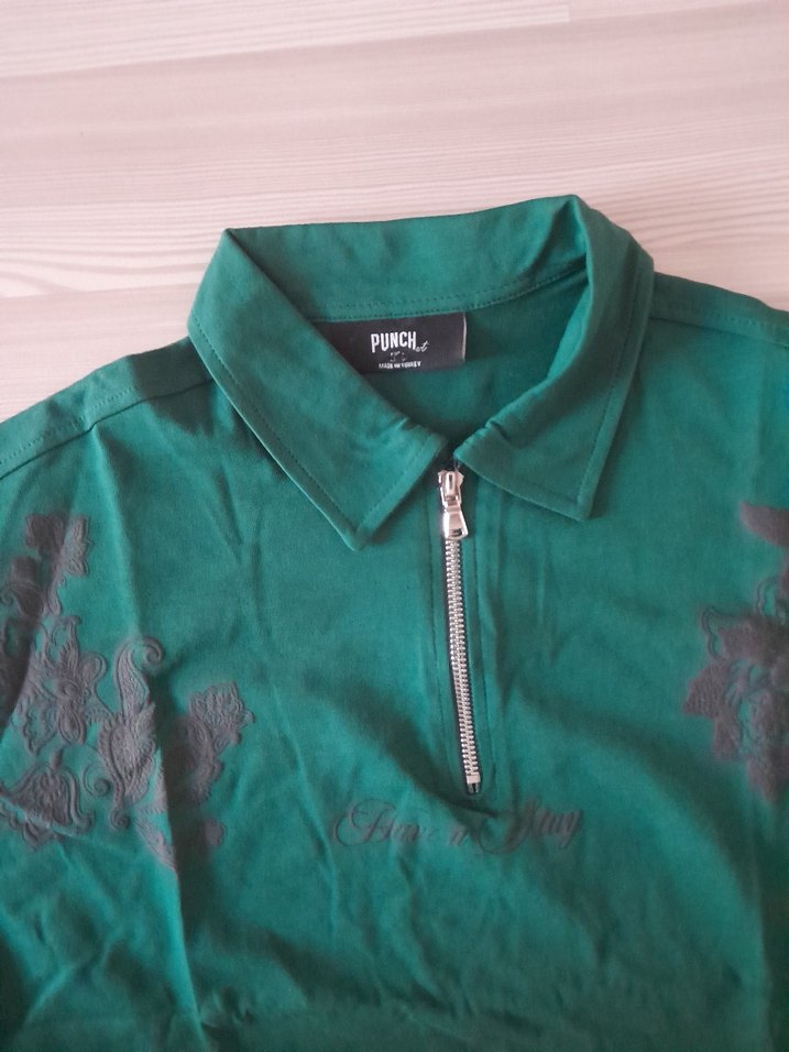 Yeşil Fermuarlı Erkek Oversize Polo Tişört - Görsel 2