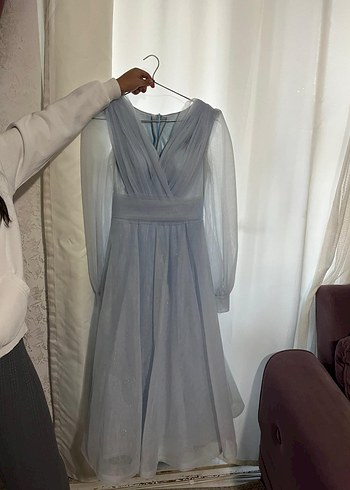 Uzun Kollu Gri Drapeli Düğün Elbisesi - Görsel 3