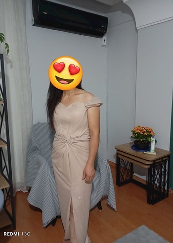 Bej Drapeli Uzun Abiye Elbise - Görsel 2