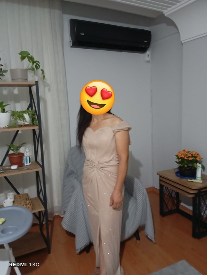 Bej Drapeli Uzun Abiye Elbise - Görsel 3