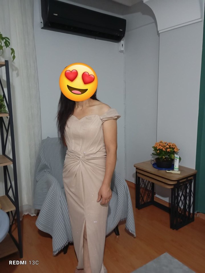 Bej Drapeli Uzun Abiye Elbise - Görsel 2