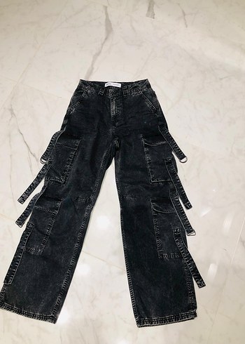 Bershka orjinal Kemerli Siyah Rahat Kesim Kadın Kot Pantolon