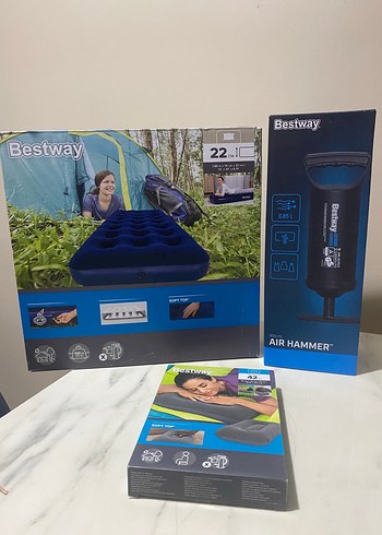 Bestway Mavi Havalı Yatak ve Hava Pompası Seti