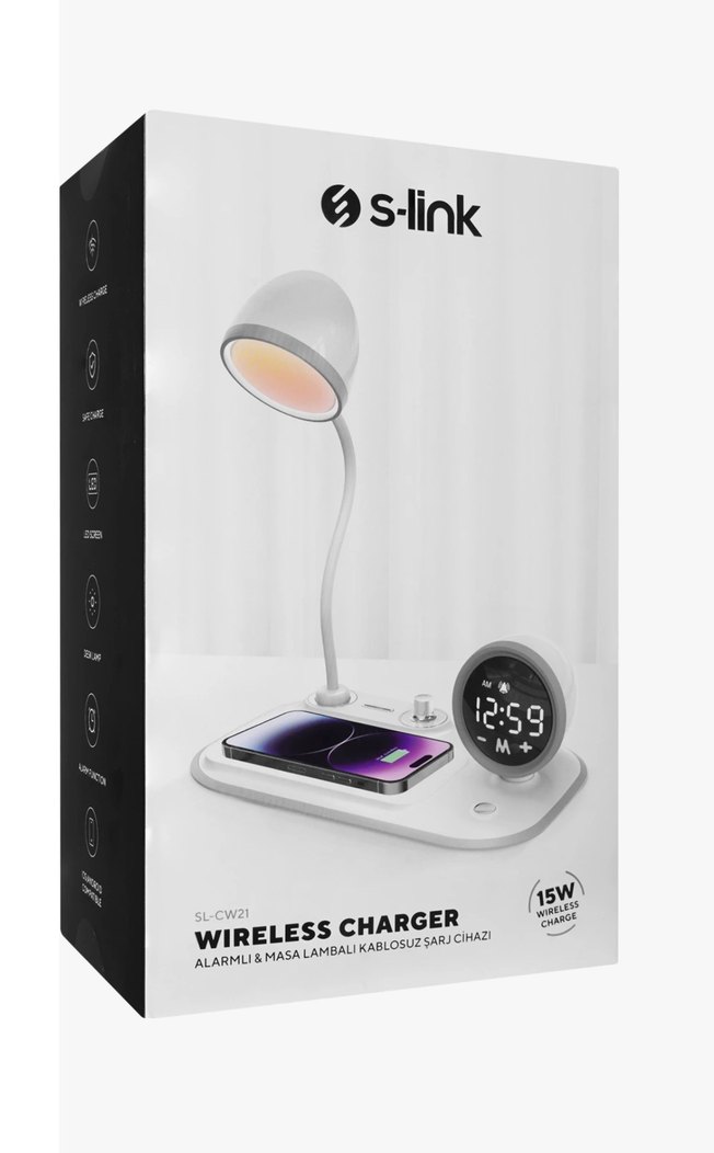 Beyaz Masa Lambası ve Dijital Saatli Şarj Ünitesi - Görsel 2