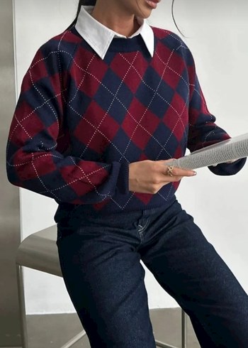 Bordo Ekose Desenli Yün Kazak - Görsel 2