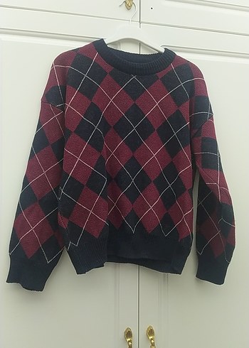 Bordo Ekose Desenli Yün Kazak - Görsel 3