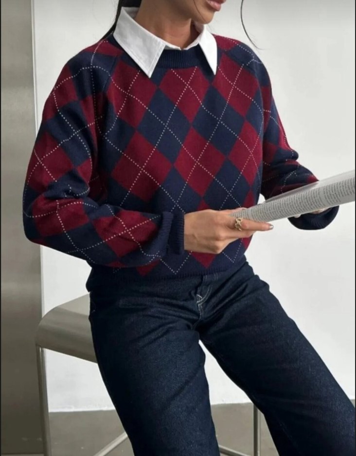 Bordo Ekose Desenli Yün Kazak - Görsel 2