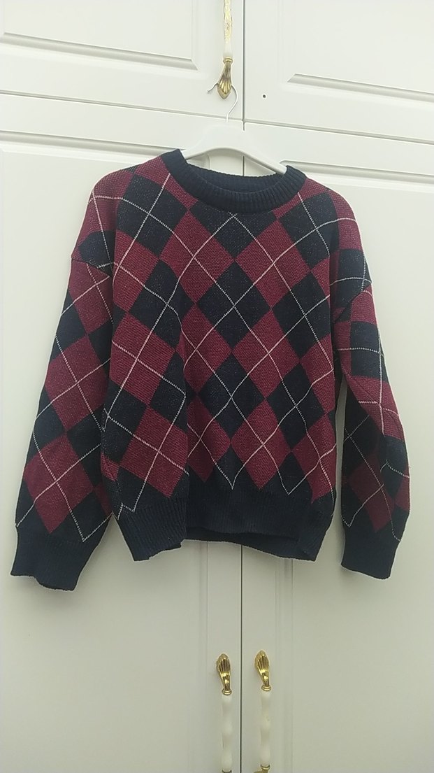 Bordo Ekose Desenli Yün Kazak - Görsel 3