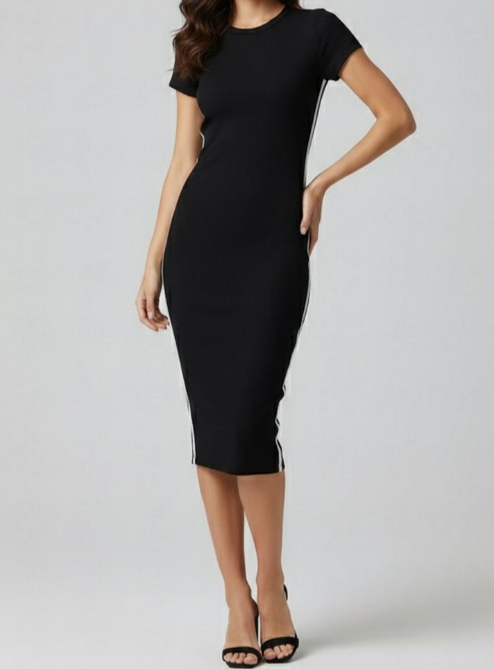 Siyah Yan Şeritli Uzun Spor Elbise - Görsel 2