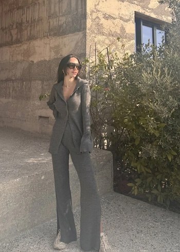 Gri Uzun Kollu Keten Kadın Takım - Görsel 2