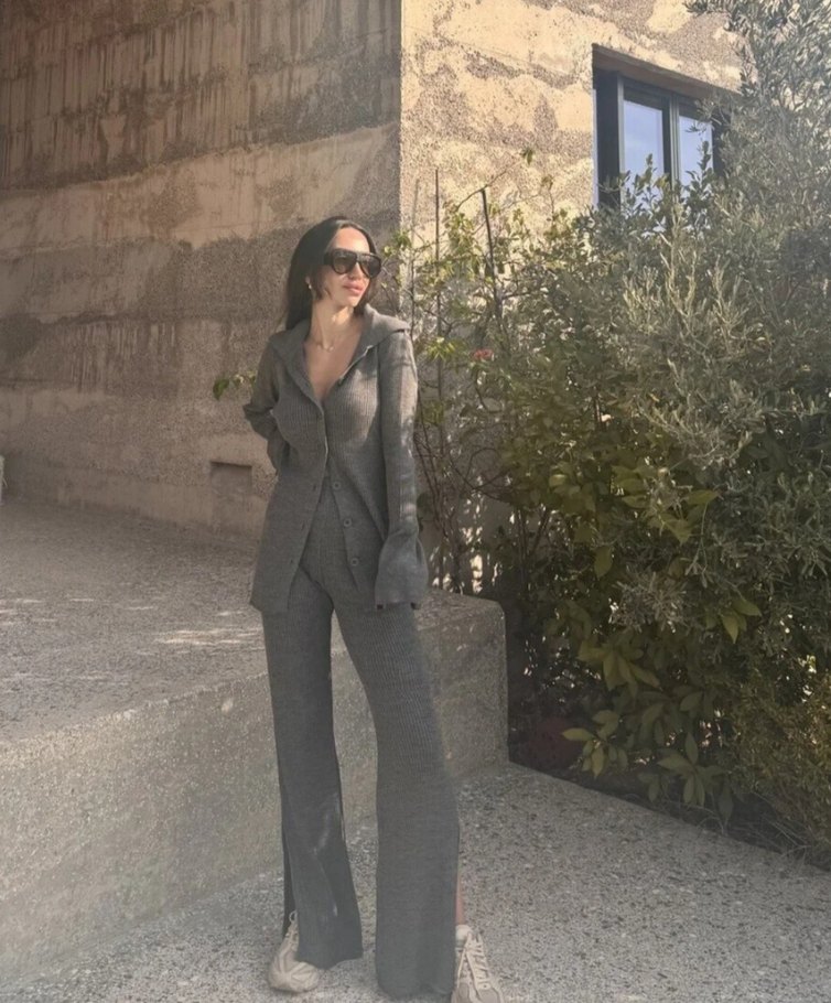 Gri Uzun Kollu Keten Kadın Takım - Görsel 2