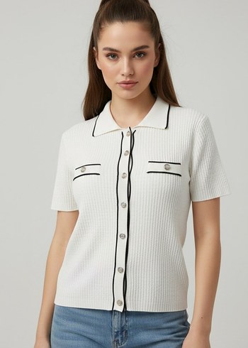 Düğmeli Beyaz Kısa Kollu Kadın Gömlek - Görsel 3