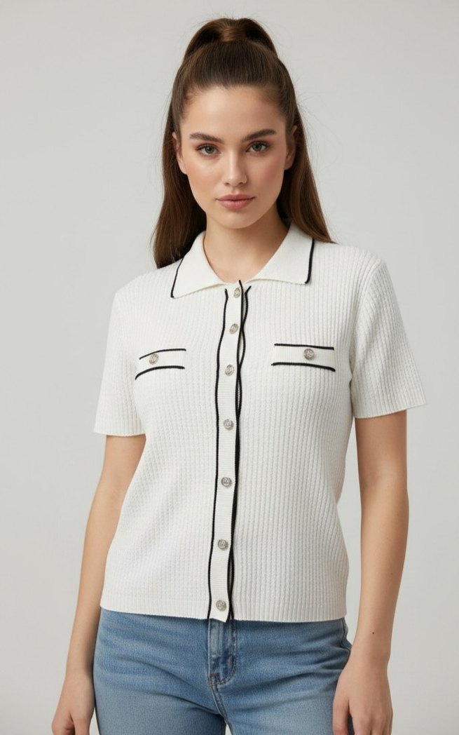 Düğmeli Beyaz Kısa Kollu Kadın Gömlek - Görsel 3