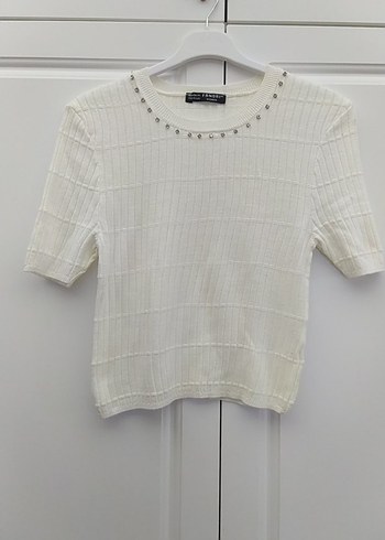 Kısa Kollu Beyaz Örgü Kadın Kazak - Görsel 2