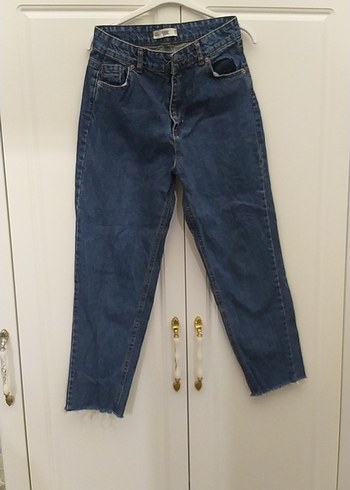 Kadın Mavi Midi yüksek bel Denim kesik paça pantolon - Görsel 2