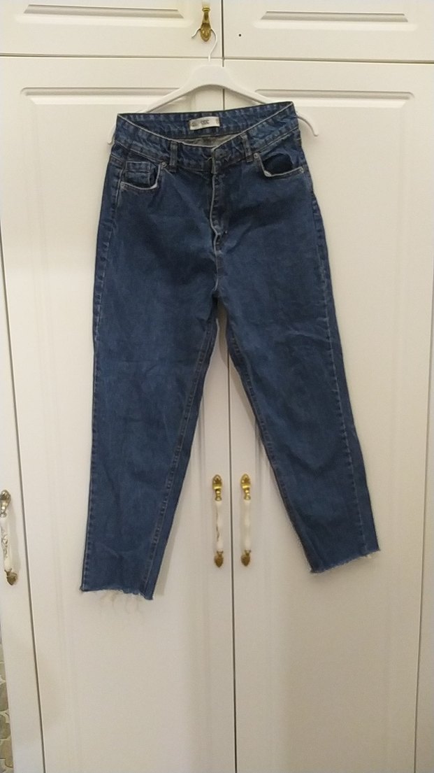 Kadın Mavi Midi yüksek bel Denim kesik paça pantolon - Görsel 2