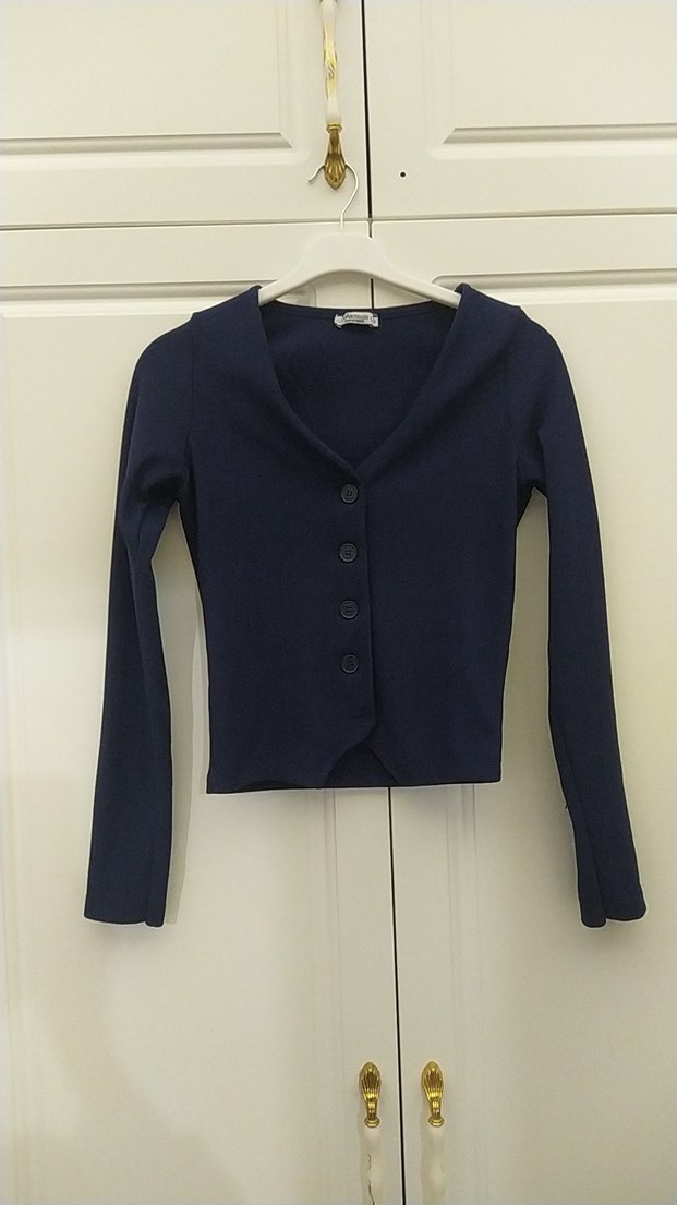 Düğmeli Lacivert V Yaka Kadın Hırka - Görsel 2