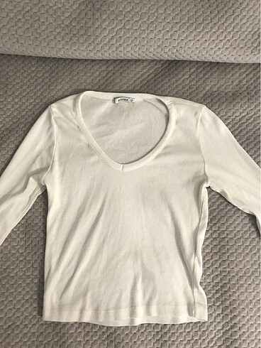 V yaka uzun kollu crop bluz
