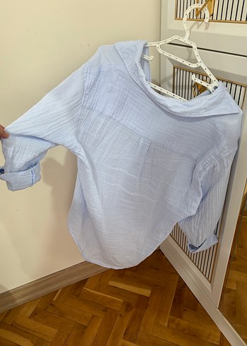 Mavi V Yaka Keten Kadın Gömlek - Görsel 3