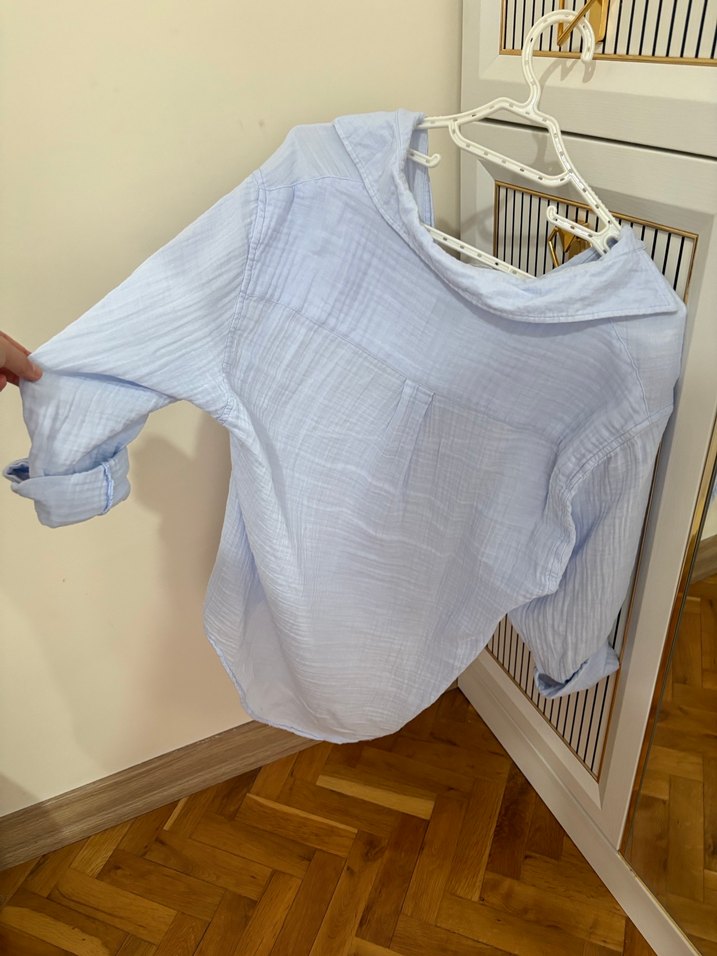 Mavi V Yaka Keten Kadın Gömlek - Görsel 3