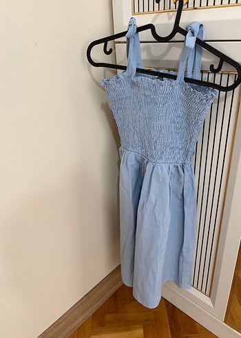 Mavi Pliseli Keten Uzun Askılı Elbise - Görsel 2