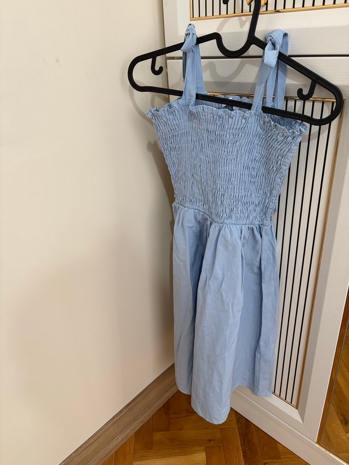 Mavi Pliseli Keten Uzun Askılı Elbise - Görsel 2