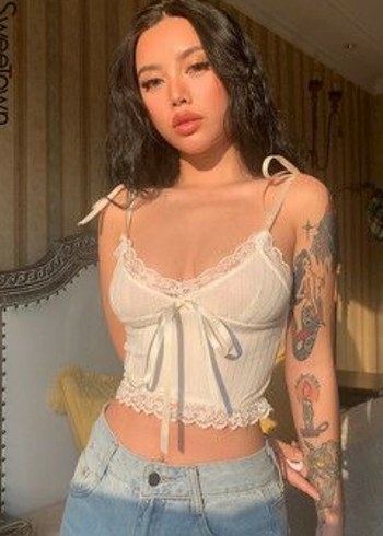 Dantel Detaylı Beyaz Kurdele Crop Askılı Lolita - Görsel 2