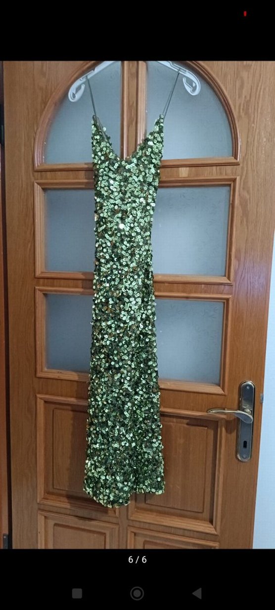 Yeşil Parlak Uzun Askılı Drapeli Abiye Elbise - Görsel 2