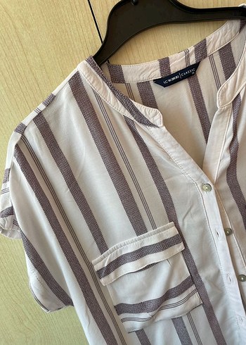 Bej Çizgili V Yaka Düğmeli Kadın Gömlek - Görsel 3