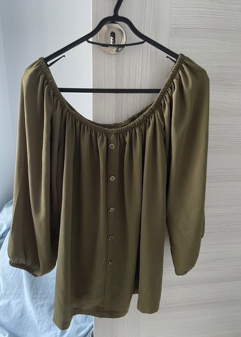 Düğmeli, Salaş Kesim Khaki Kadın Bluz - Görsel 2