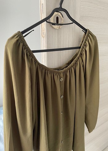 Düğmeli, Salaş Kesim Khaki Kadın Bluz - Görsel 3