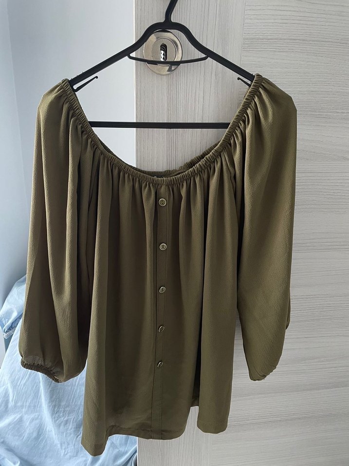 Düğmeli, Salaş Kesim Khaki Kadın Bluz - Görsel 2