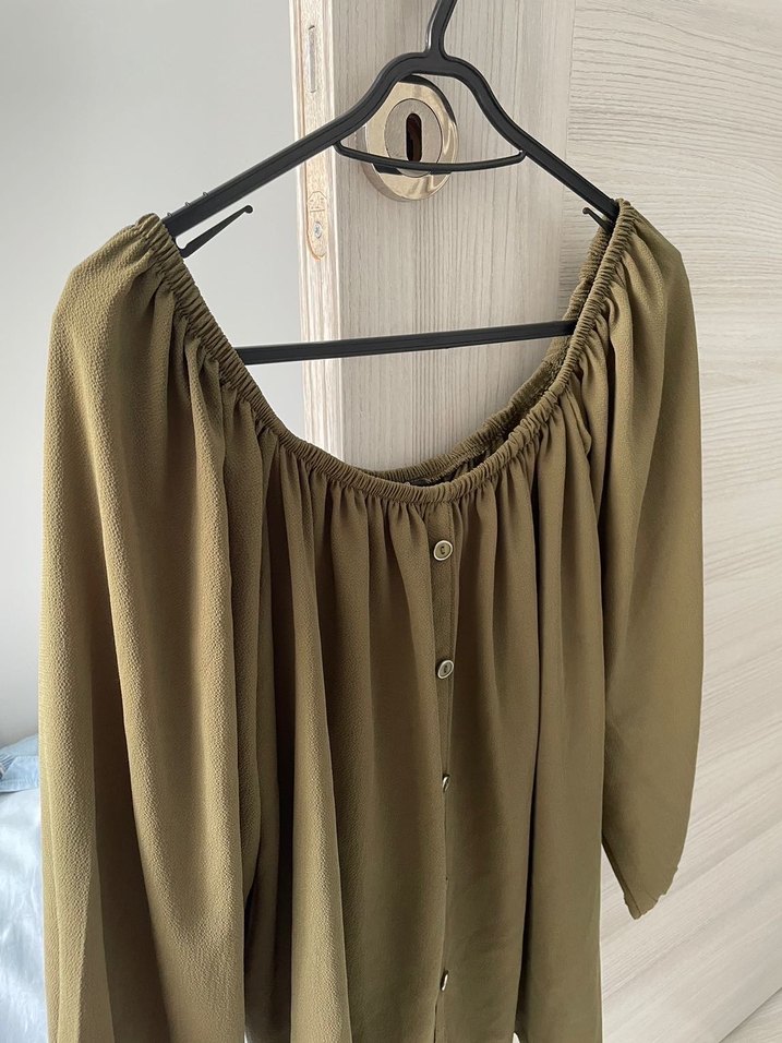 Düğmeli, Salaş Kesim Khaki Kadın Bluz - Görsel 3