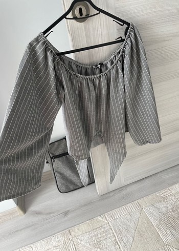 Gri Çizgili Keten Mini Bluz - Görsel 2